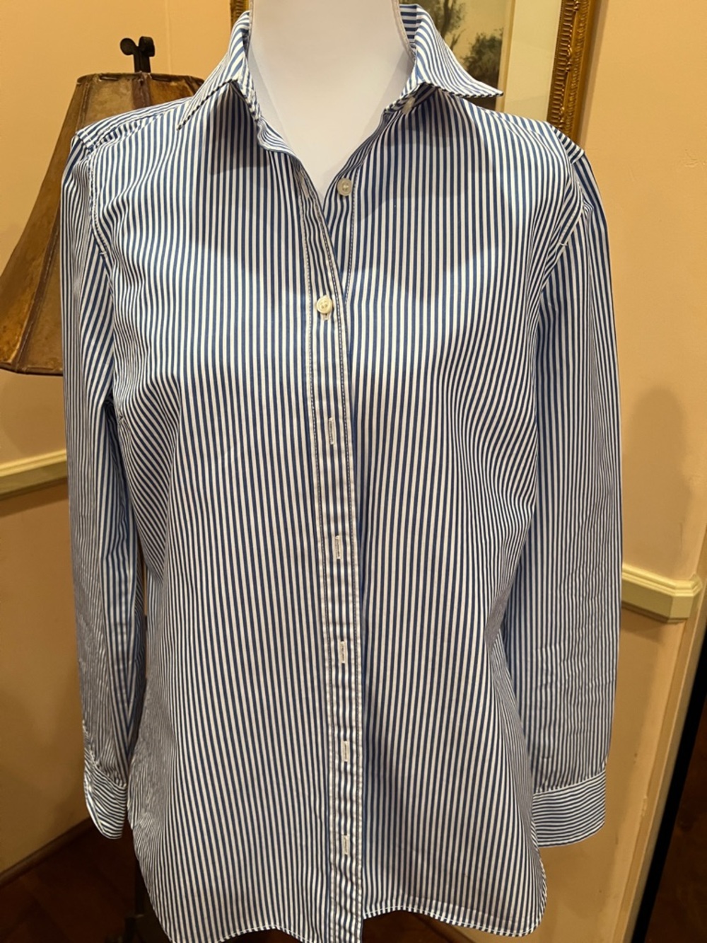 J. Crew Navy and White Vertical Stripe Cotton Button-Down Shirt